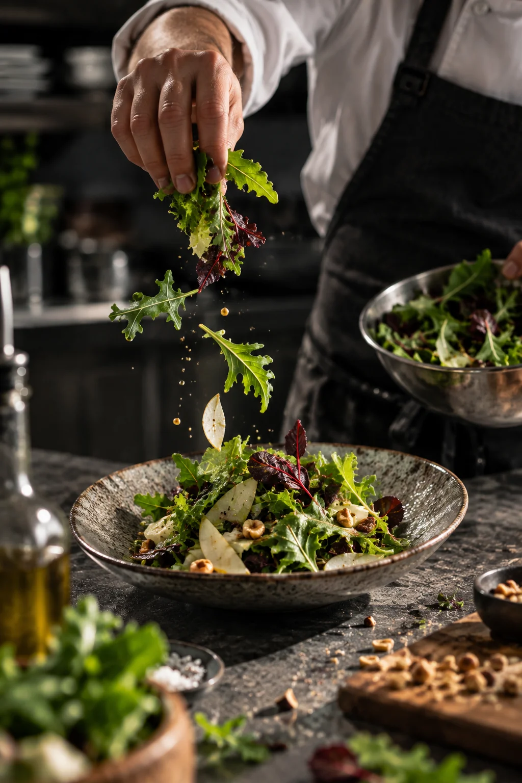Chef a finalizar um prato com a mistura de folhas da salada Bistrot